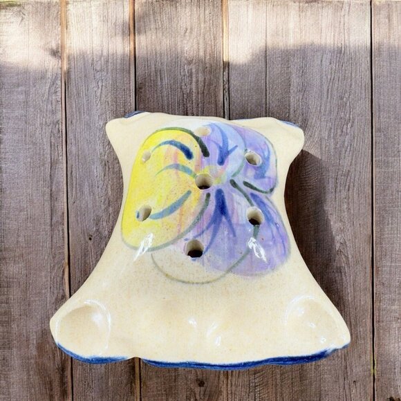 TB Pots Pottery Flower Frog Holder Hand Painted Made In Maine Stoneware Vintage - Picture 3 of 15